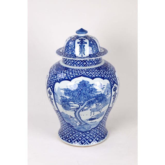 Chinese Early 20th Century Vintage Blue White Temple Jar For Sale - Image 3 of 13
