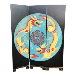 Vintage Asian Style Hand-Painted Dragon Screen Wood Room Divider Screen