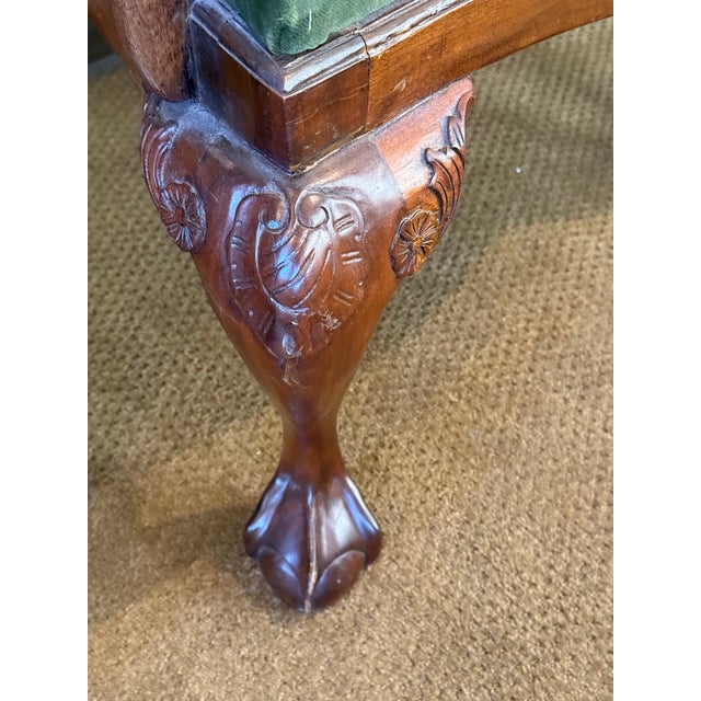 Wood Antique Chippendale Carved Mahogany Bench Settee With Upholstered Seat in British Racing Green Velvet For Sale - Image 7 of 8
