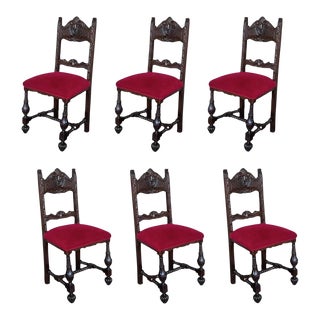 19th Century Set of Six French Carved Walnut Turned Wood Chairs With Velvet Seat For Sale