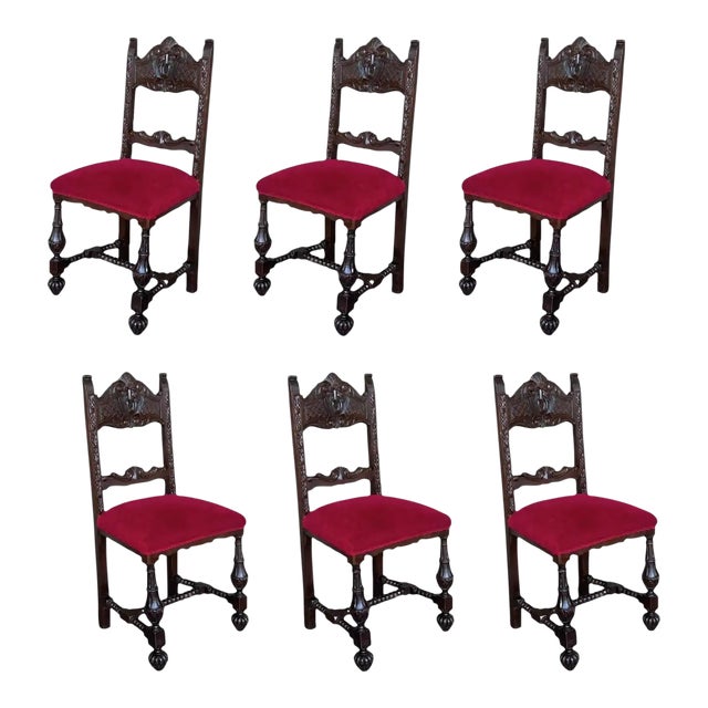 19th Century Set of Six French Carved Walnut Turned Wood Chairs With Velvet Seat For Sale