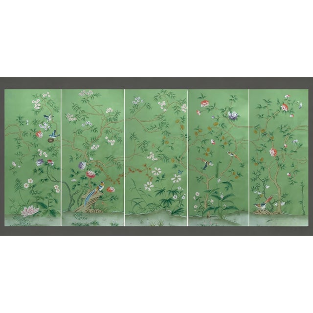 Hand Painted Green Chinoiserie Floral & Bird Mural Panels (5-Piece Set) For Sale