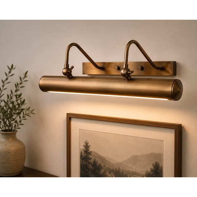 Contemporary Handcrafted Solid Brass Picture Light, Antique Brass Double-Arm Adjustable Picture Light For Sale - Image 3 of 9