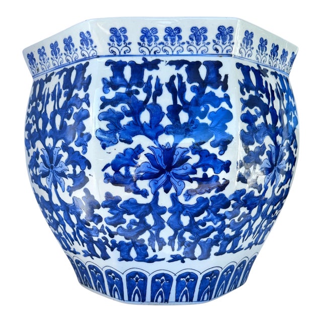 1990s Blue and White Cachepot Jardienere Plant Holder Chinoiserie Porcelain Ceramic Chinese Asian For Sale