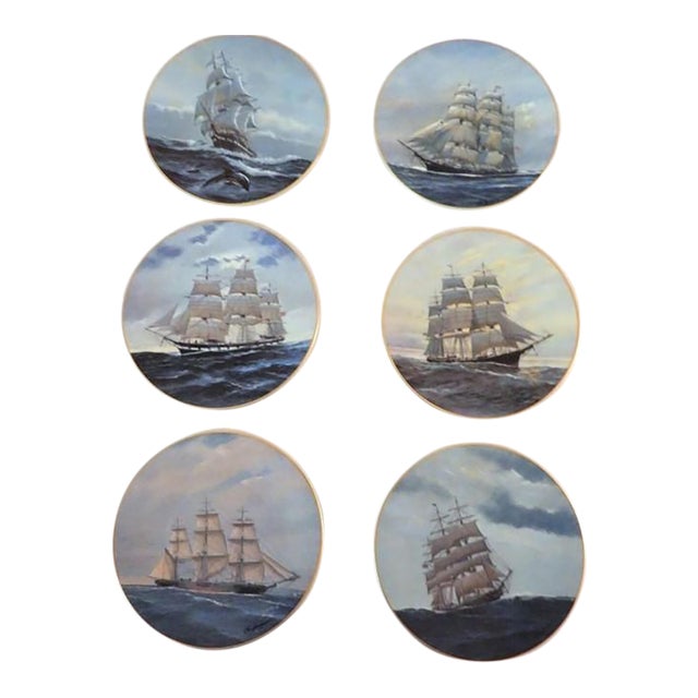 Golden Age of Sail Clipper Ship Plates Set of 6, Charles Lundgren, 1980s Porcelain For Sale