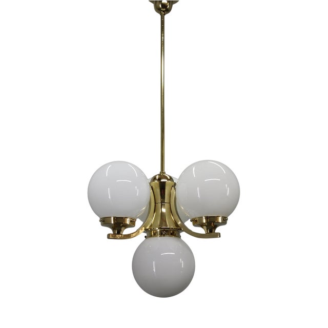 Art Deco Brass Chandelier with Opaline Glass, Czechoslovakia, 1930s For Sale