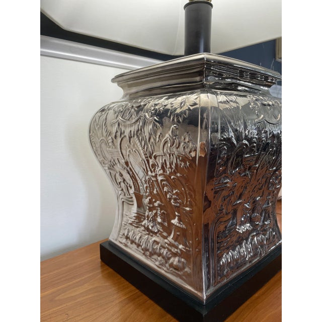 Silver Vintage Chinoiserie Mercury Glass Pagoda Scene Table Lamp For Sale - Image 8 of 11