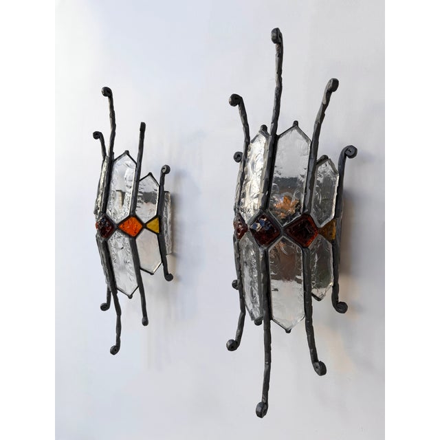 Pair of Hammered Glass Wrought Iron Sconces by Longobard, Italy, 1970s For Sale - Image 12 of 12