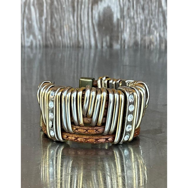 Vintage Leather & Silver Rhinestone Cuff Bracelet For Sale - Image 4 of 12