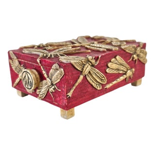Hand-Carved Vietnamese Soapstone Dragonfly Box in Red and Gold Relief For Sale