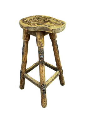 Industrial Rustic Pine Stool with Iron Decoration, 1970s