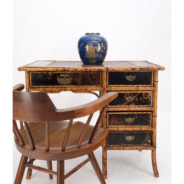 Brown Antique Asian Oriental japaneese Burned Bamboo Hand Painted Decorated Desk Table For Sale - Image 8 of 18