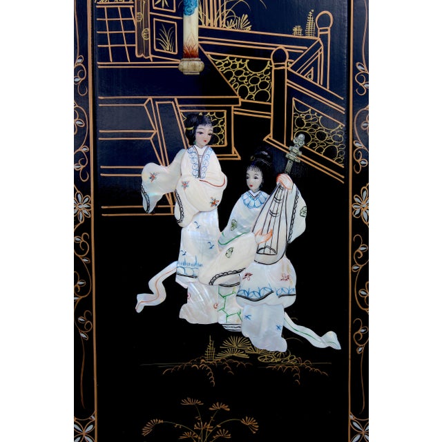Vintage Chinese Black Lacquer Mother-of-Pearl Inlay Wall Panels - Set of 4 Chinoiserie Scenic Figures & Pagoda Landscape Art For Sale - Image 10 of 18