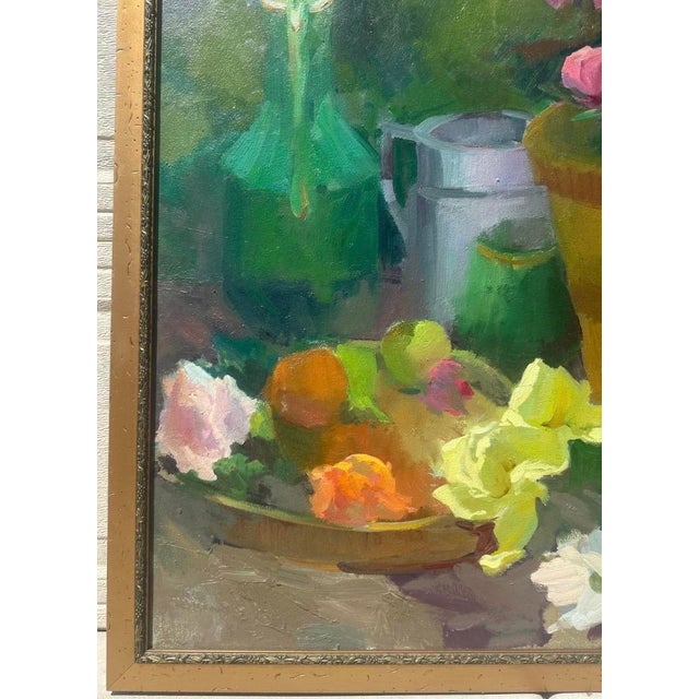 1990s 1999 Large Torgesen Murdock “Still Life W/ Peonies & Summer Fruit” Oil on Board For Sale - Image 5 of 18