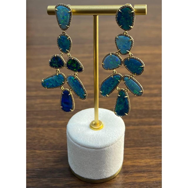 Blue Blue Opals Diamond Halo 18 Karat Yellow Gold Drop Statement Unique Earrings, A Pair For Sale - Image 8 of 11