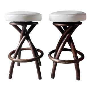 Mid Century Twisted Bamboo Swivel Bar Stools in the Manner of Paul Frankl For Sale