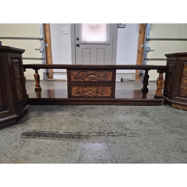 Brown Vintage 1970's Hand Carved Camphor Wood 3 Piece Coffee Table Set For Sale - Image 8 of 16