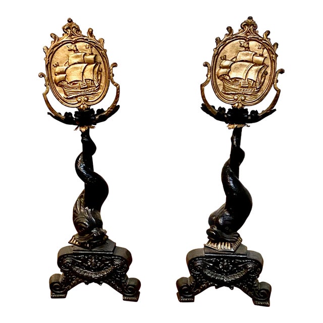 Pair American Cast Iron Dolphin Andirons For Sale