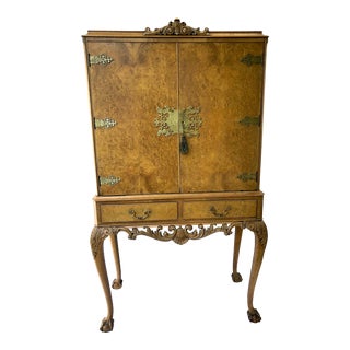 English Burr Walnut Queen Anne Mirrored Cocktail Cabinet For Sale
