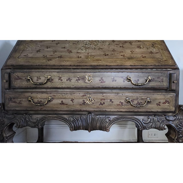 Taupe 1990s Lillian August French Provincial Painted Floral Slant-Front Secretary Desk With Brass Gallery For Sale - Image 8 of 18
