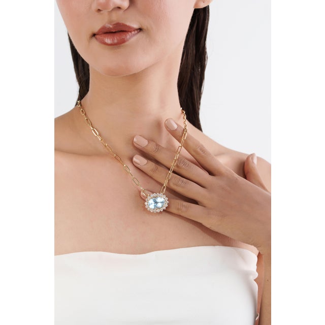 Authentic 10.32ct Aquamarine 1.95ct Diamond Halo Pendant Necklace in 14k Yellow Gold For Sale - Image 10 of 16