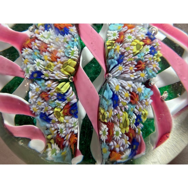 Pink Vintage Hand Blown Italian Murano Art Studio Glass Millefiori Paperweight Ribbon For Sale - Image 8 of 13