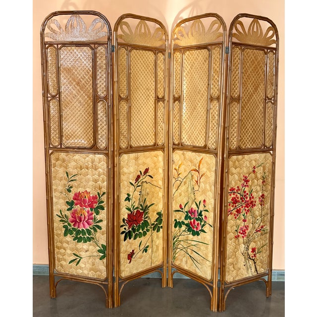 Sculptural Three-Panel Folding Screen Room Divider in Rattan and Wicker, 1960s For Sale - Image 4 of 8