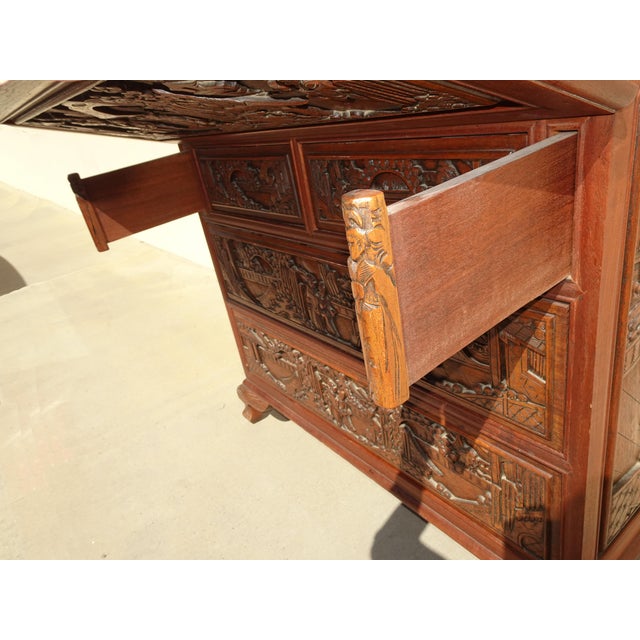 Vintage Oriental Asian Carved Drop Leaf Secretary Desk Dresser Made in Japan For Sale In Los Angeles - Image 6 of 11