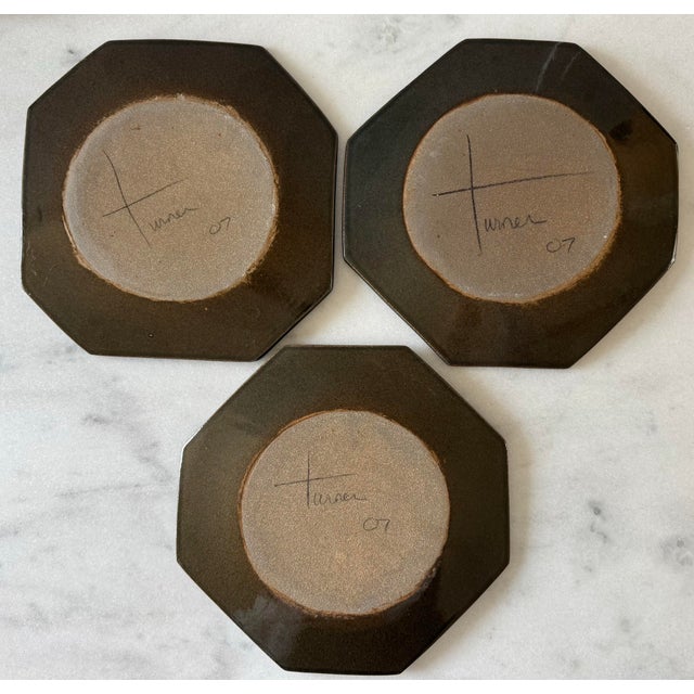 Ceramic Set of 3 Vintage Handmade Stoneware Octagonal Plate For Sale - Image 7 of 8