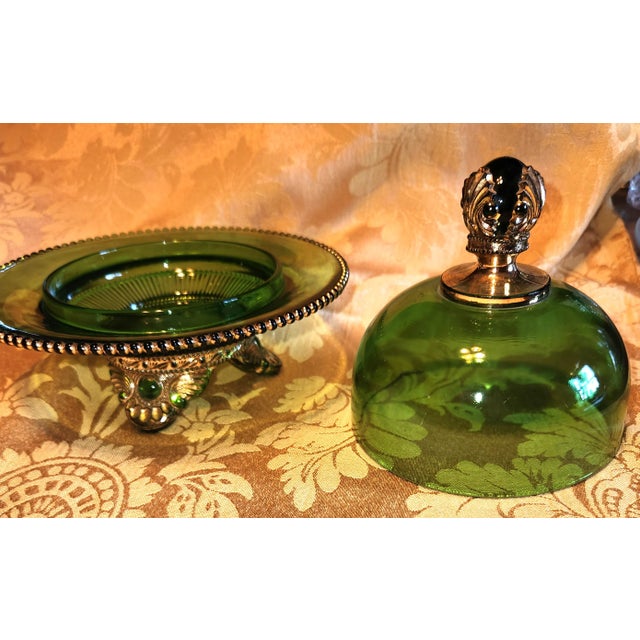 1898 EAPG Glass company butter dish in the Colorado pattern, gold filigree ornate legs, black faux jewel in the finial....