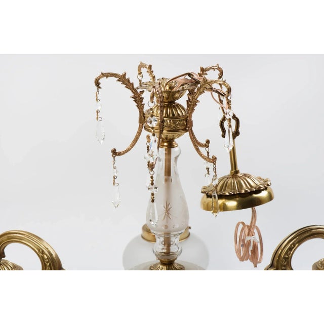 1950s Large Brass 5 Branch 7-Light Chandelier With Center Shade and Frosted Cut Glass Shades For Sale - Image 6 of 13