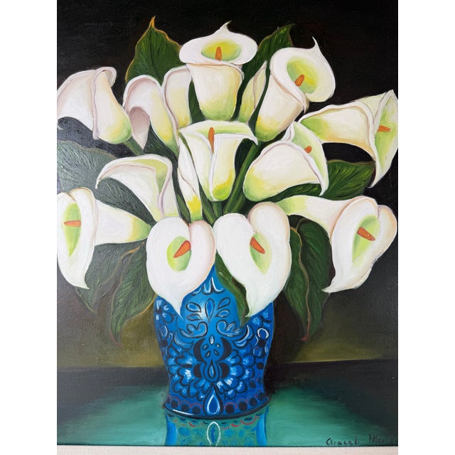 1990s Vintage Graceli Mendoza Calla Lilies - Folk Art Oil on Board Painting, Wood Framed For Sale - Image 5 of 12