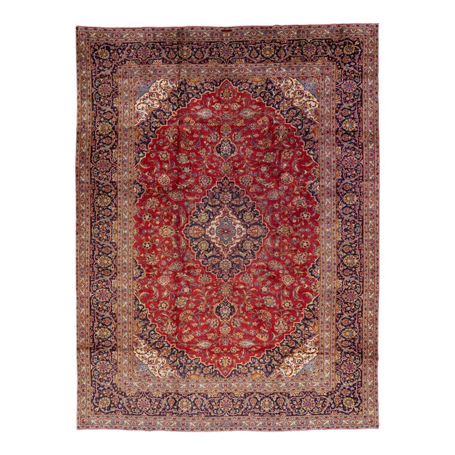 1960s Vintage Persian Kashan Handmade Red Floral Wool Rug For Sale