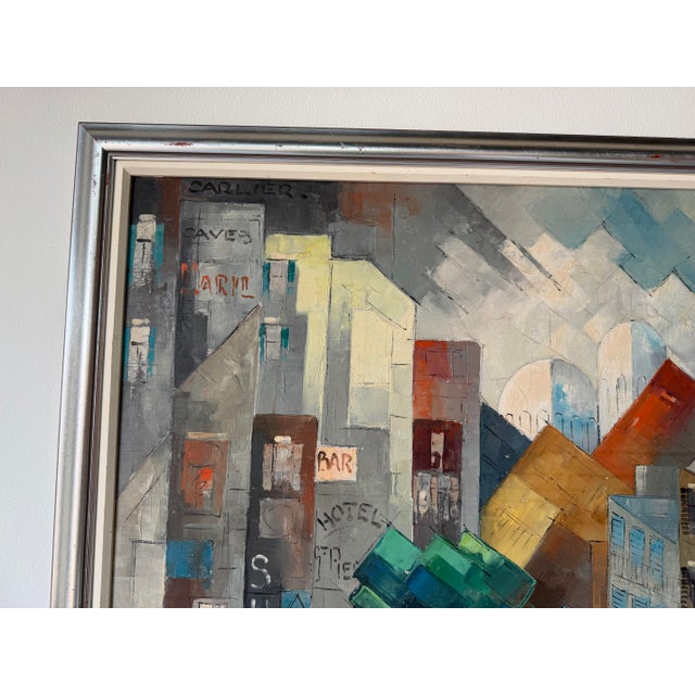 1970s 1970’s Mid-Century Impressionist Geometric Abstract Cityscape Oil on Canvas Painting, Framed For Sale - Image 5 of 12