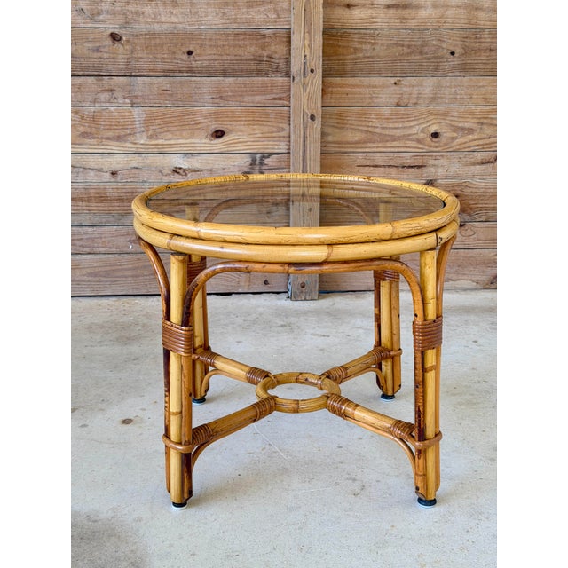 Vintage Round Rattan Side Table With Custom Glass Top For Sale - Image 12 of 12