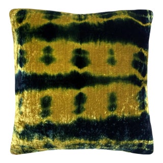 Rousseau Hand Dyed Silk Velvet Pillow, Gold & Indigo Blue Pleat Abstract Pattern For Sale