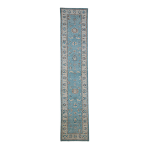 Turkish Oushak Runner Rug Blue, Beige & Taupe Handwoven Wool Rug 2'10" X 13'5"