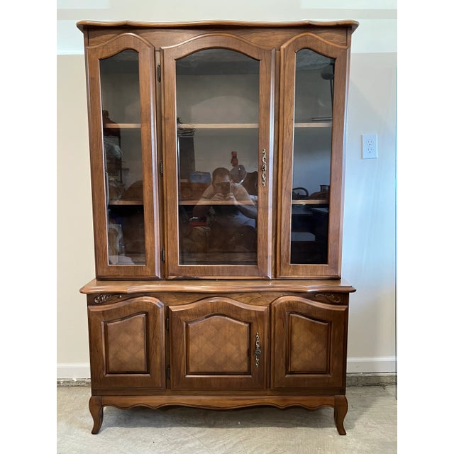 Vintage French Provençal 2 Piece China Display With Checkered Veneer, Brass Pulls