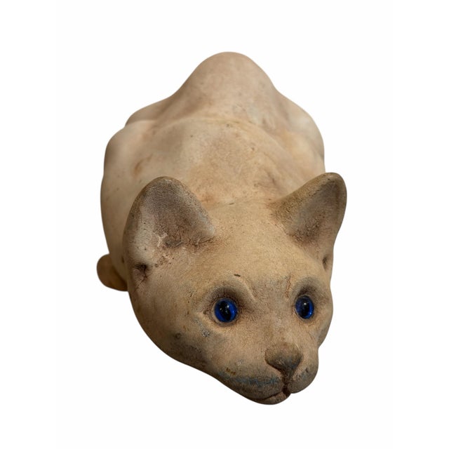 Whimsical Stone Cat Sculpture Doorstop With Glass Eyes. Marked Made In England.