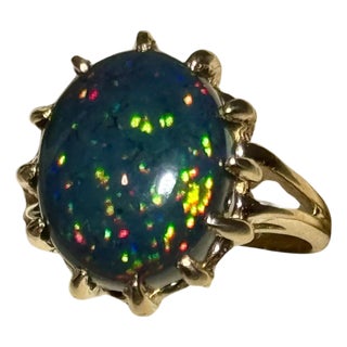 5 Ct Oval Shape Black Australian Opal Cocktail Ring 14 Kt Yellow Gold , Unisex For Sale