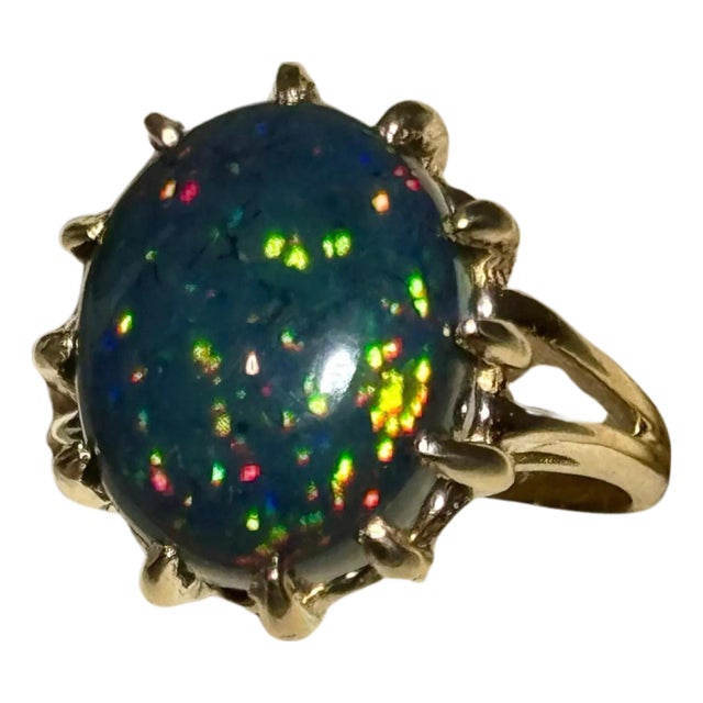 5 Ct Oval Shape Black Australian Opal Cocktail Ring 14 Kt Yellow Gold , Unisex For Sale