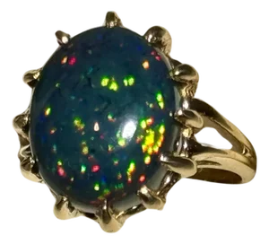 5 Ct Oval Shape Black Australian Opal Cocktail Ring 14 Kt Yellow Gold , Unisex