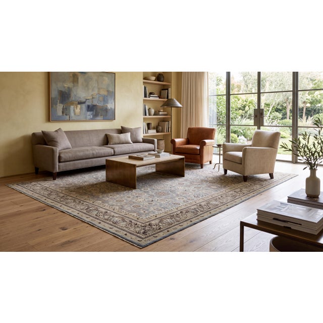 An exquisite example of 20th-century craftsmanship, this Antique Malayer rug boasts a sophisticated, serene palette of...