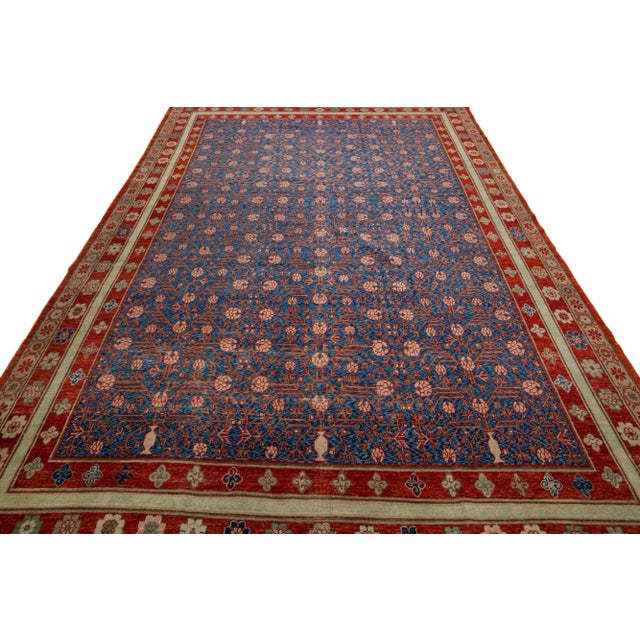Traditional Blue Mid-Century Vintage Khotan Handmade Geometric Wool Area Rug For Sale - Image 3 of 12
