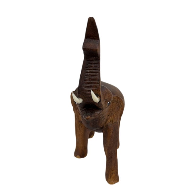 Mid-Century Modern Vintage Hand Carved Wooden Elephant Figurine - Trunk Up Lucky Elephant Statue For Sale - Image 3 of 5