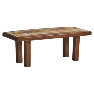 French Ash Wood + Ceramic Tile Coffee Table Bird Motif by Roger Capron, 1960s For Sale