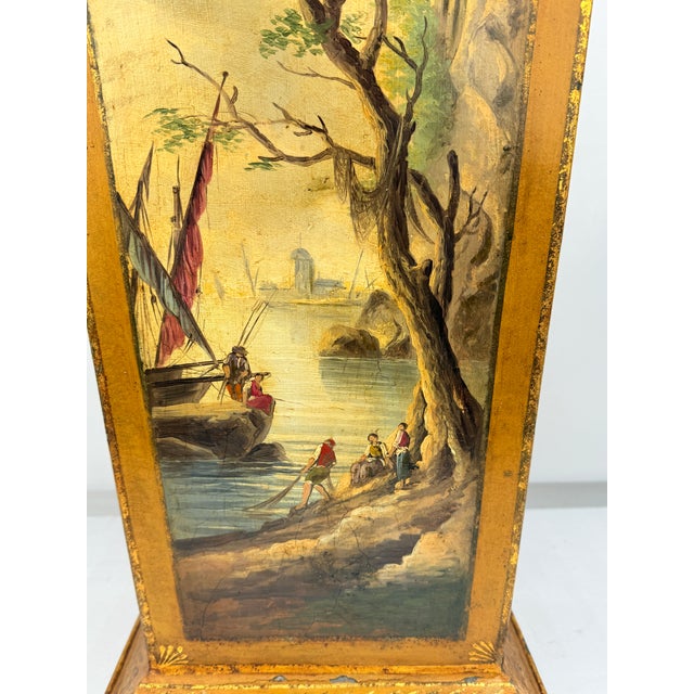 A finely hand-painted and gilt trapezoidal tôle peinte umbrella stand or refuse bin, likely Italian, dating to the 19th...