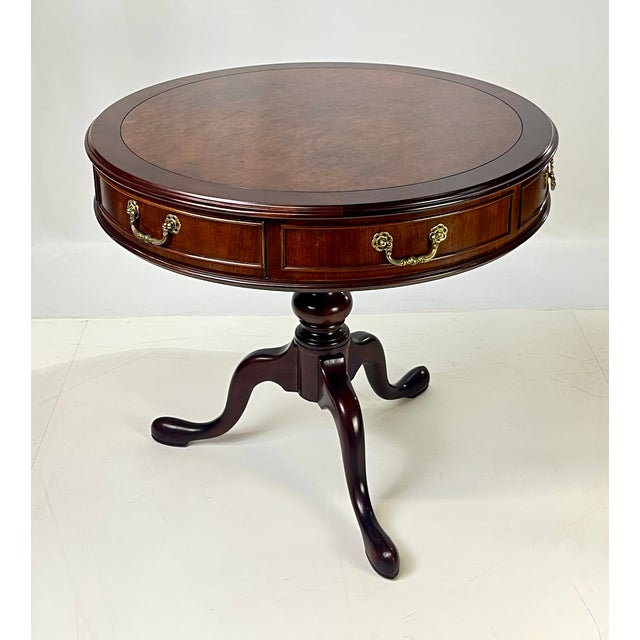 Late 20th Century Century Furniture Traditional Burl Wood and Mahogany Pedestal Drum Table For Sale - Image 10 of 15