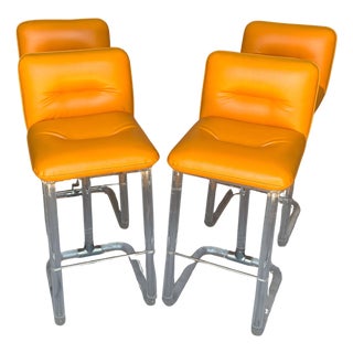 4 Signed Lion in Frost Lucite, Chrome, & Orange Leather Swivel Barstools, 1970s For Sale
