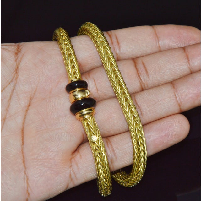 Metal 18k Solid Gold Italian Woven Braided Necklace With Black Enamel Accents – 49.1g For Sale - Image 7 of 13